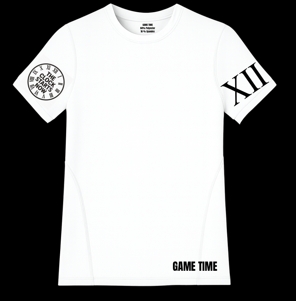 GAME TIME "THE CLOCK STARTS NOW" COMPRESSION SHIRT – WHITE