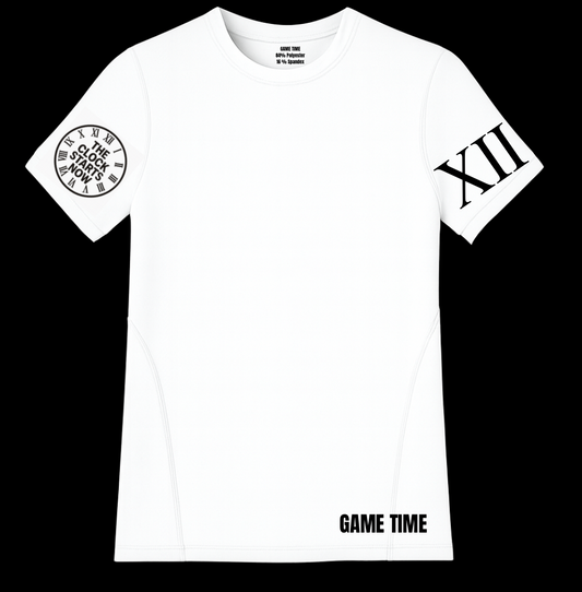GAME TIME "THE CLOCK STARTS NOW" COMPRESSION SHIRT – WHITE